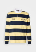 Baumwoll-Rugbyshirt mit marineblauen und gelben horizontalen Streifen, weißem Kragen, bestickten "Tommy Jeans"- und "American Originals"-Logos.
