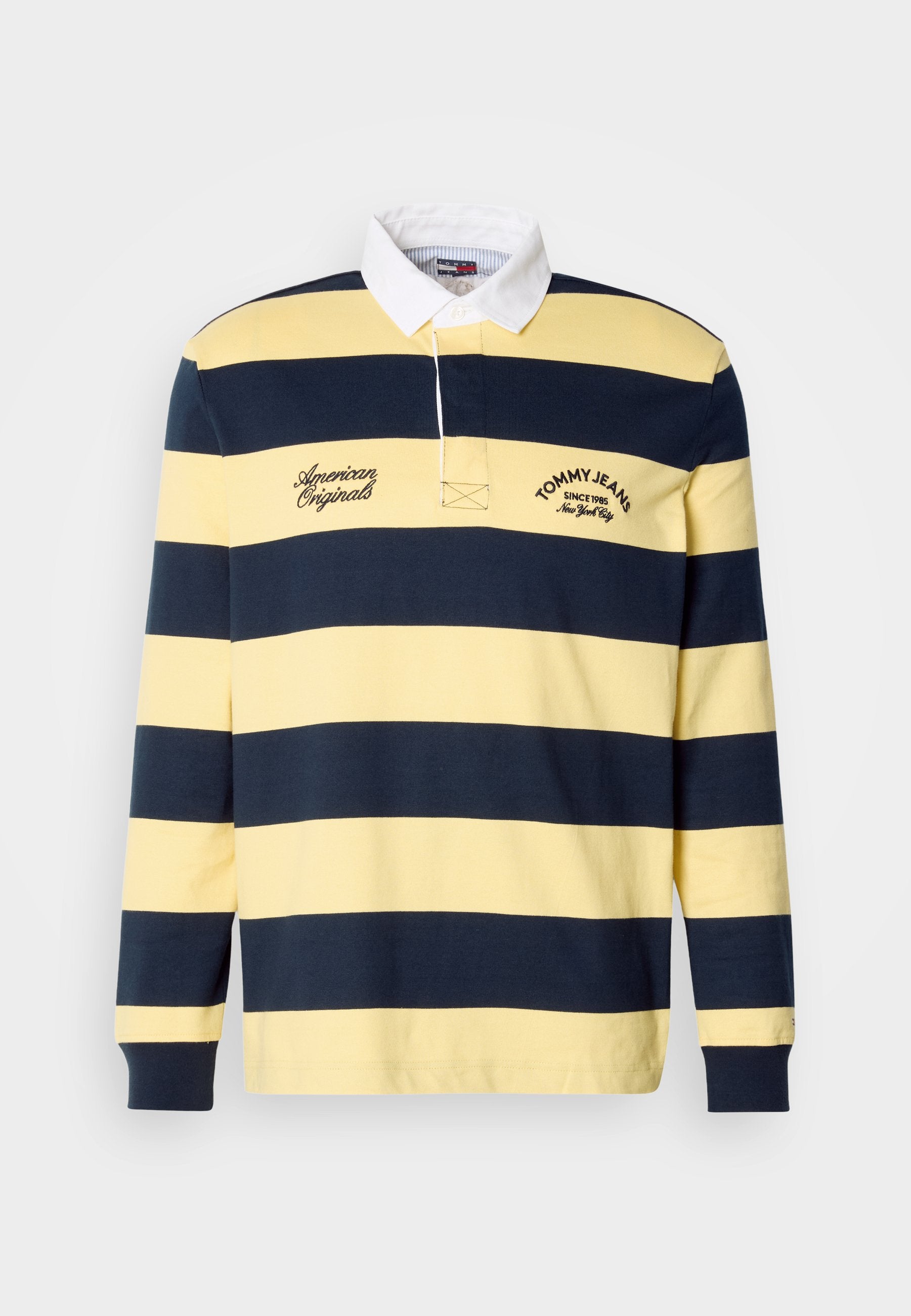 Baumwoll-Rugbyshirt mit marineblauen und gelben horizontalen Streifen, weißem Kragen, bestickten "Tommy Jeans"- und "American Originals"-Logos.