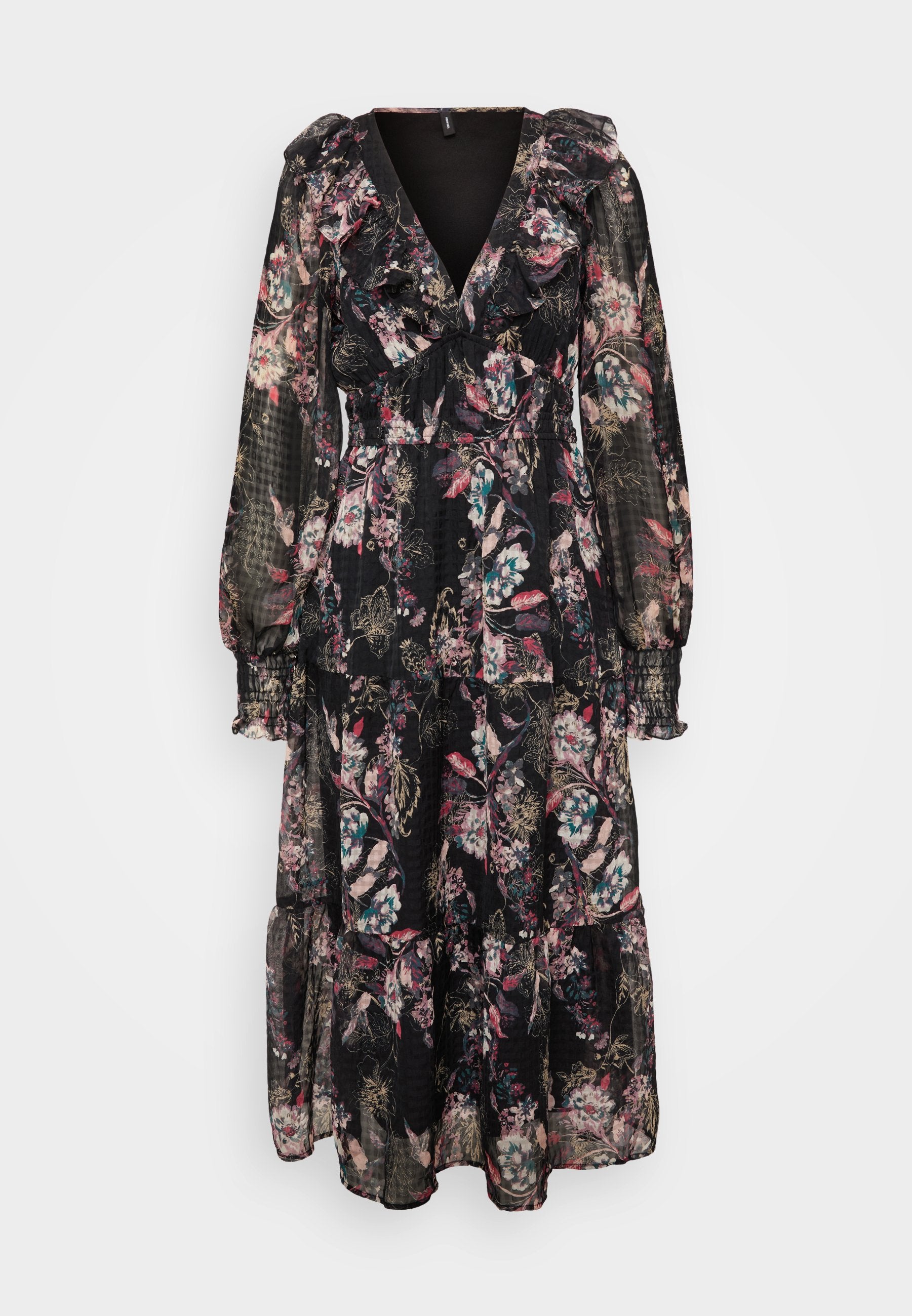 Schwarzes maxikleid mit floralem Muster, Rüschenausschnitt und langen Ärmeln. Es hat einen gestuften Rock und eine Mischung aus bunten Blumenmustern.