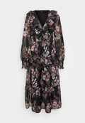 Schwarzes maxikleid mit floralem Muster, Rüschenausschnitt und langen Ärmeln. Es hat einen gestuften Rock und eine Mischung aus bunten Blumenmustern.