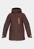 Braune wasserdichte Jacke mit Kapuze, ausgestattet mit zwei Fronttaschen, einer orangefarbenen mit Reißverschluss versehenen Brusttasche und orangen Akzenten an den Bündchen.