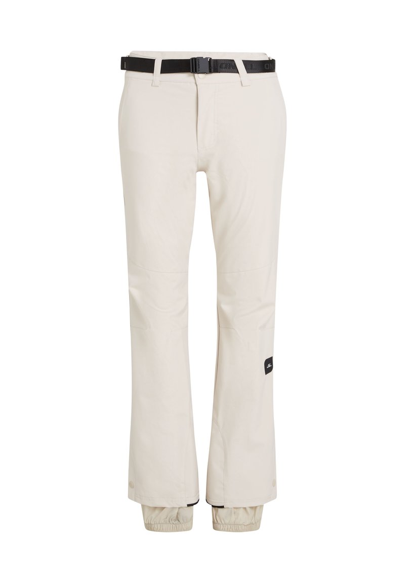 Beige Outdoor-Hosen mit einem verstellbaren schwarzen Gürtel, schmal zulaufenden Säumen und zwei Seitenfächern. Hergestellt aus leichtem, strapazierfähigem Material.