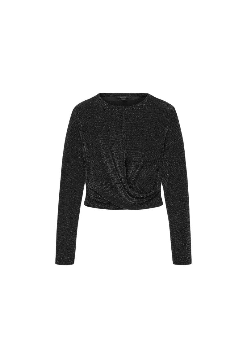Schwarzes, kurzes Langarmshirt aus einem metallischen Stoff. Mit einem runden Ausschnitt und einem gedrehten Design an der Vorderseite. Glatte Textur.