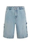 Hellblaue Jeans-Cargoshorts mit lockerem Schnitt, ausgestattet mit zwei Seitentaschen und zwei Cargotaschen, veredelt mit sichtbaren Nähten.