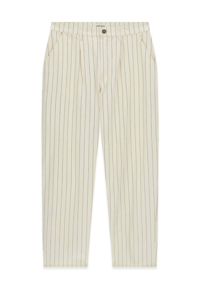 Beige Hose mit dünnen vertikalen schwarzen Streifen, Vorderknopf und Reißverschluss, Seitentaschen und Gürtelschlaufen, mit "Guess Jeans" Innenbundetikett.