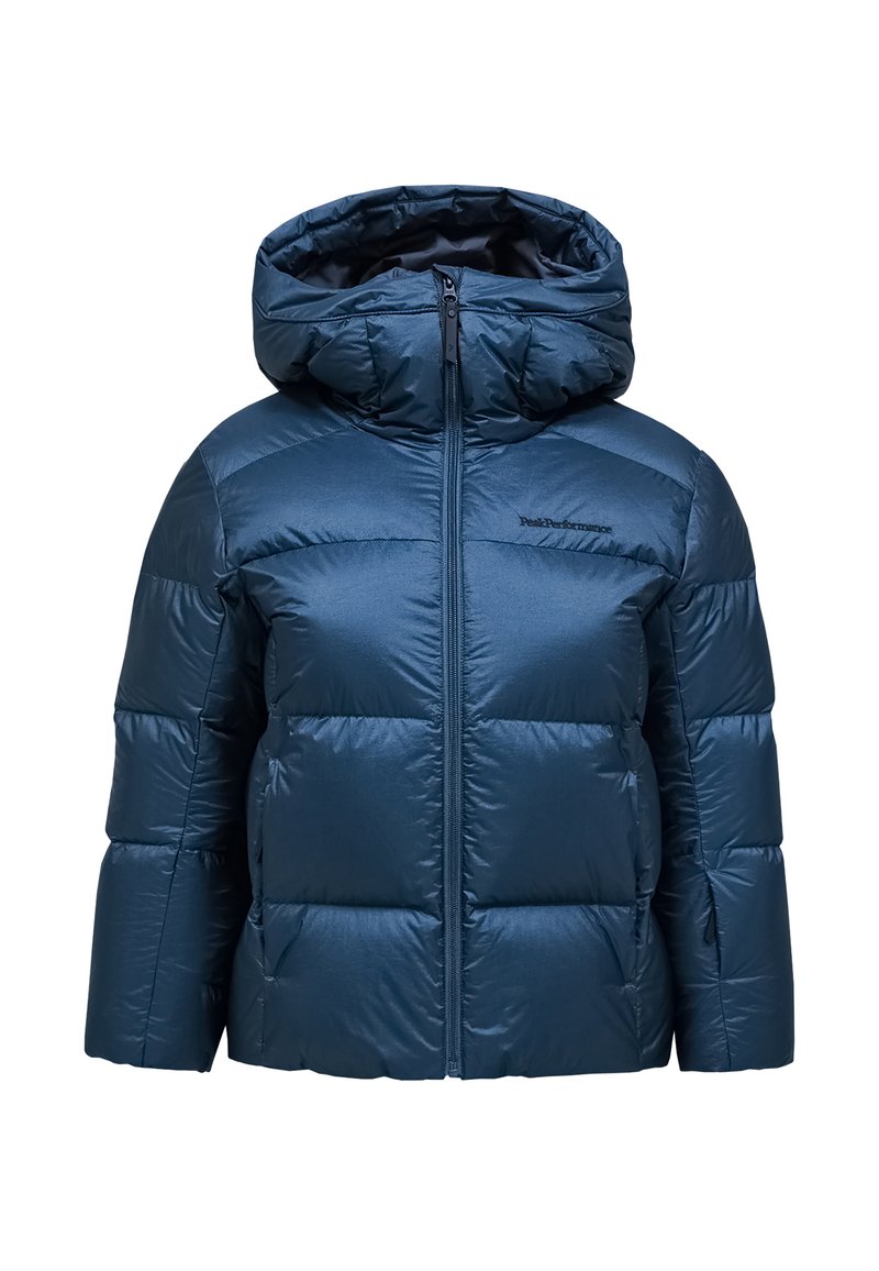 Gepolsterte, dunkelblaue Kapuzenjacke mit glänzender Oberfläche, durchgehendem Reißverschluss und elastischen Bündchen. Logo auf der Brust.