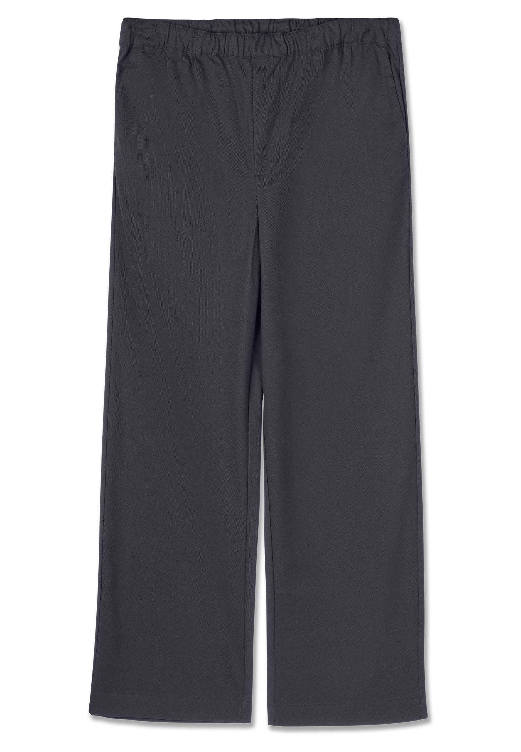 Dunkelgraue, weite Hose mit elastischem Bund, glatter Textur und ohne sichtbare Taschen oder Verzierungen.