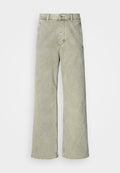 Helles grünes weites Jeansmodell mit hoher Taille, aus Denim gefertigt, ausgestattet mit einem Knopfverschluss und klassischem Fünf-Taschen-Design.