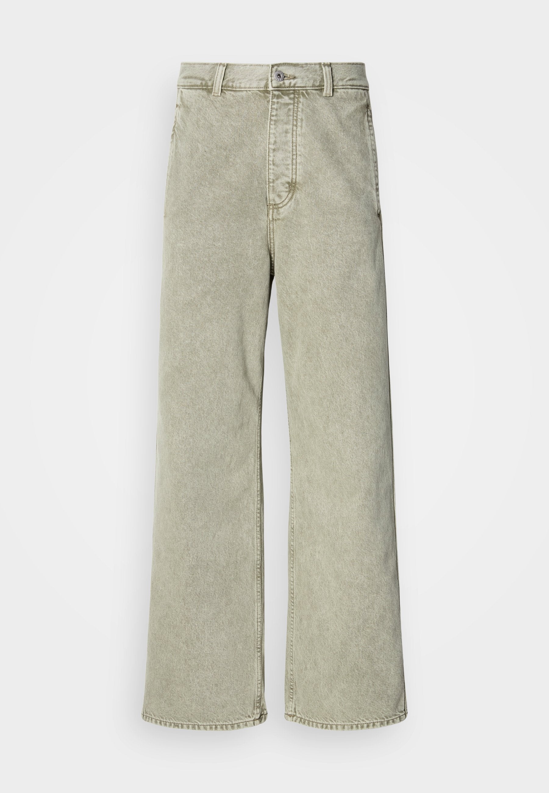 Helles grünes weites Jeansmodell mit hoher Taille, aus Denim gefertigt, ausgestattet mit einem Knopfverschluss und klassischem Fünf-Taschen-Design.