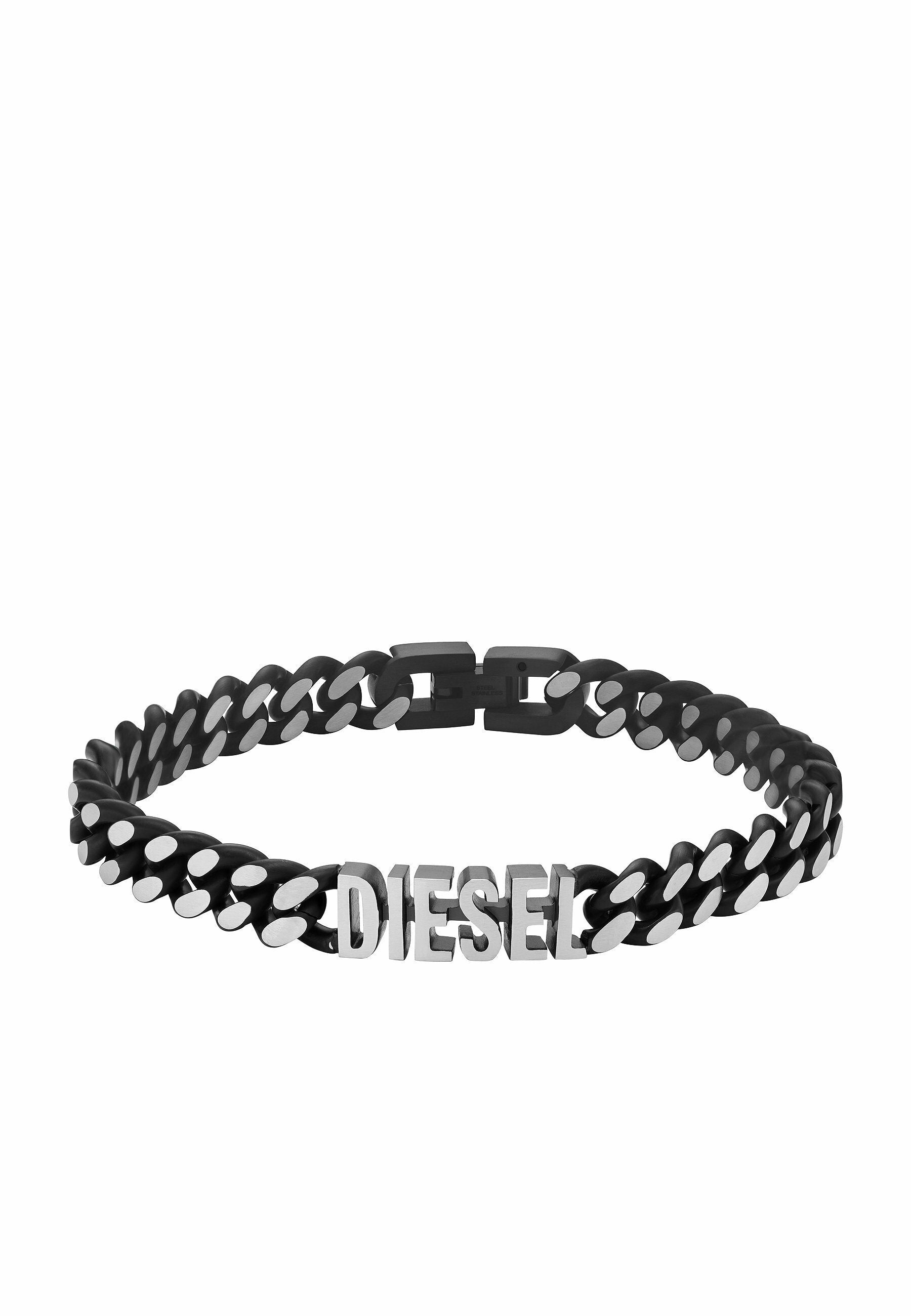 Schwarzes Gummianschmuckarmband mit silberner Hardware, das ein markantes "DIESEL"-Logo und ein glattes, ovales Glieddesign aufweist.