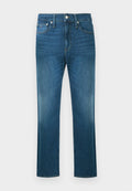 Blaue Jeans mit geradem Bein, fünf Taschen, Gürtelschlaufen und einem Knopfverschluss an der Taille.