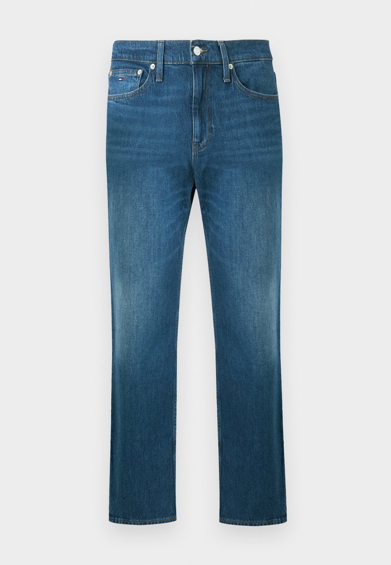 Blaue Jeans mit geradem Bein, fünf Taschen, Gürtelschlaufen und einem Knopfverschluss an der Taille.