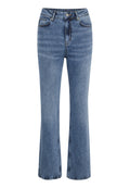 Hellblaue ausgestellte Jeans aus Denim mit mittelhohem Bund, Fronttaschen und Reißverschluss, die eine glatte Textur und klassischen Nähten aufweisen.