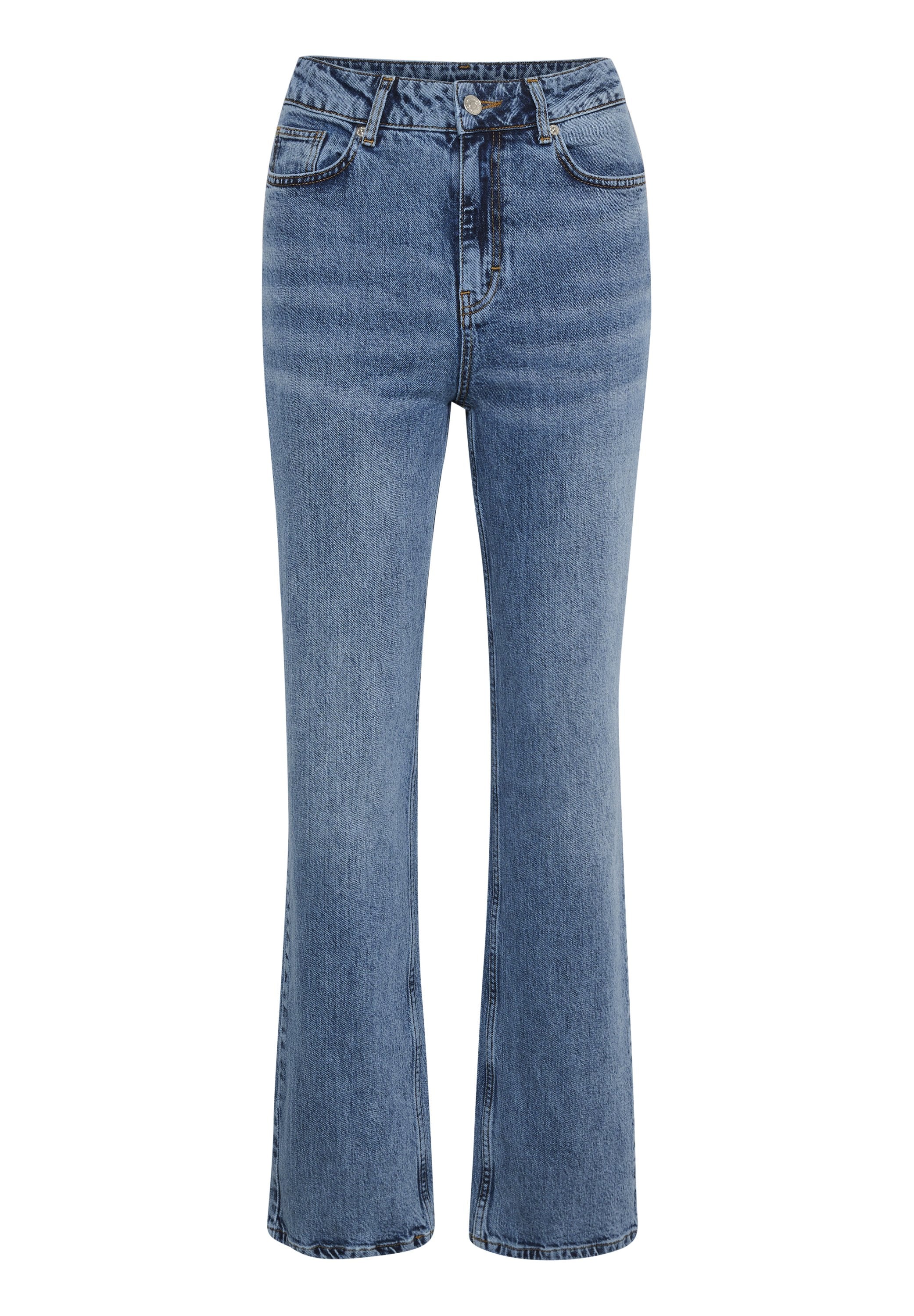 Hellblaue ausgestellte Jeans aus Denim mit mittelhohem Bund, Fronttaschen und Reißverschluss, die eine glatte Textur und klassischen Nähten aufweisen.