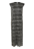Ärmelloses langes Kleid mit einem grauen und schwarzen abstrakten Texturmuster und einem kleinen Schlitz am Rückenausschnitt.