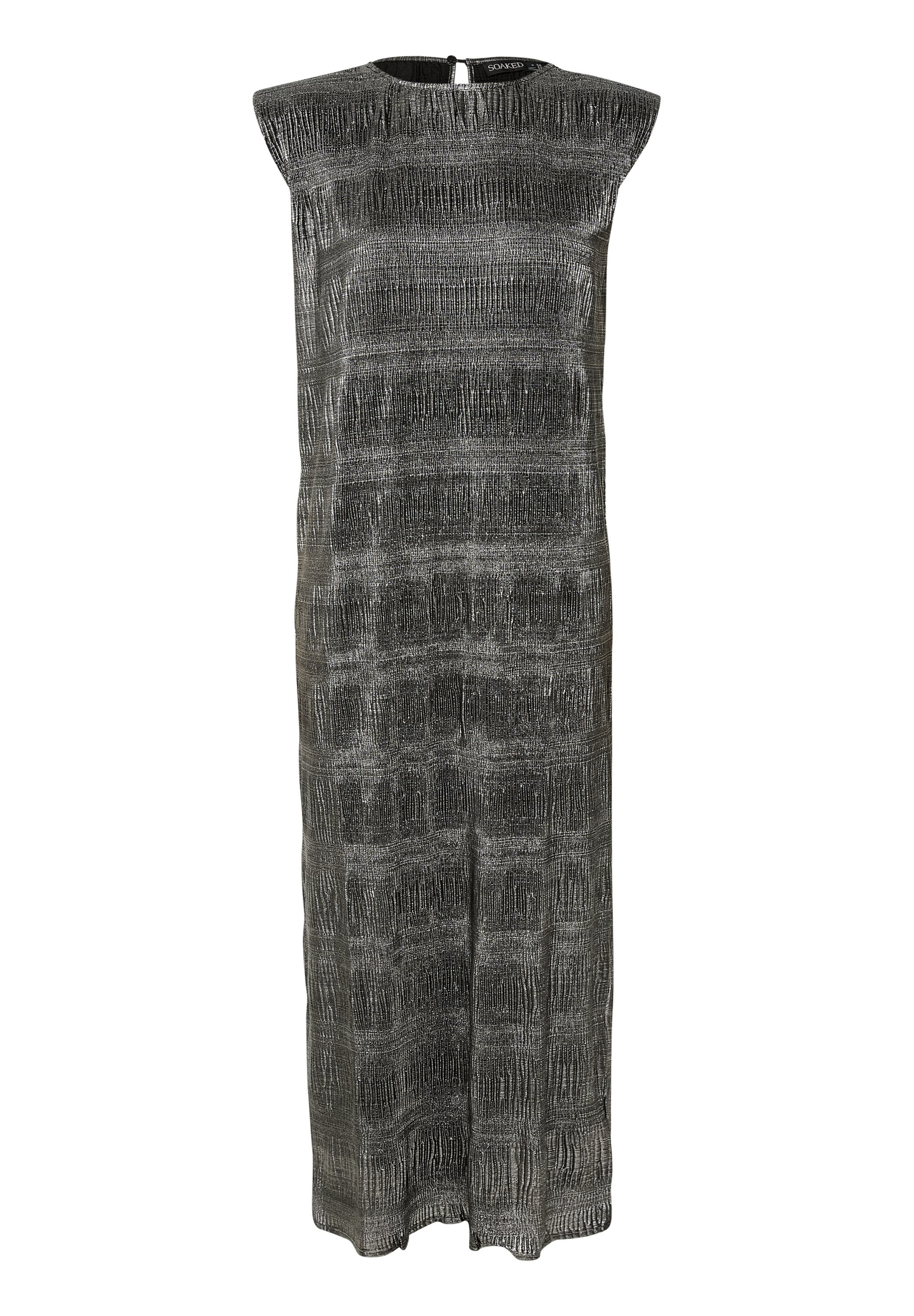 Ärmelloses langes Kleid mit einem grauen und schwarzen abstrakten Texturmuster und einem kleinen Schlitz am Rückenausschnitt.