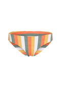 Gestreifte Bikini-Hose mit Mustern in Orange, Gelb, Grün und Weiß, aus dehnbarem Stoff mit glatter Textur und normaler Passform.