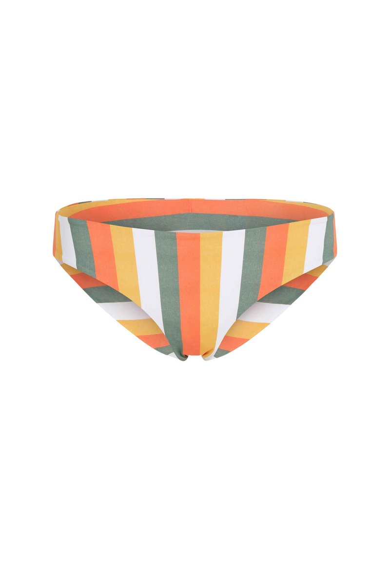 Gestreifte Bikini-Hose mit Mustern in Orange, Gelb, Grün und Weiß, aus dehnbarem Stoff mit glatter Textur und normaler Passform.