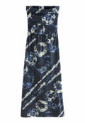 Maxikleid aus dunkelblauem Stoff mit abstrakten weißen Kreis-Mustern, schulterfreies Design, geraffter Bauch und fließender Kleid.