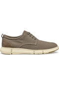 Herren braune Stoffschuhe mit einem Wildlederfersen, fünf Ösen-Schnürung und einer beigen Gummisohle mit strukturierten Details.