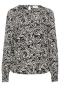 Langärmlige Bluse im schwarz-weißen Blumenmuster. Aus leichtem Stoff gefertigt, mit einem Schlitzdetail hinten und elastischen Bündchen.