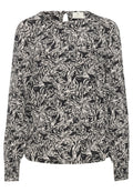 Langärmlige Bluse im schwarz-weißen Blumenmuster. Aus leichtem Stoff gefertigt, mit einem Schlitzdetail hinten und elastischen Bündchen.