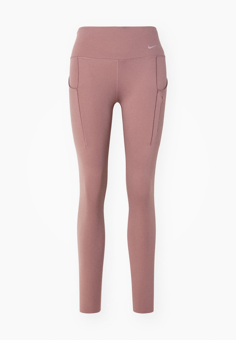 Mauve-farbene High-Waist Leggings mit Seitentaschen, eine davon mit Reißverschluss, und einem kleinen Nike-Logo im linken Hüftbereich.