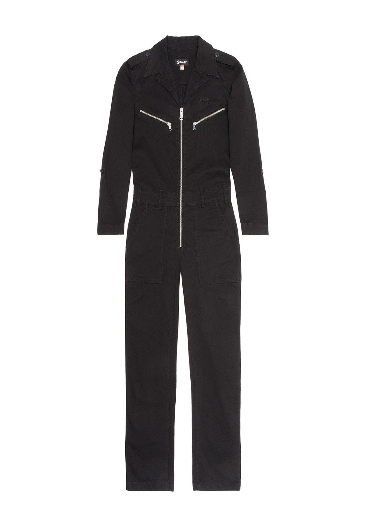 Schwarzer Jumpsuit aus strapazierfähigem Material, mit Reißverschluss vorne, zwei Brusttaschen, Schulterklappen und schmal zulaufenden Beinen mit einem taillierten Gürtel.
