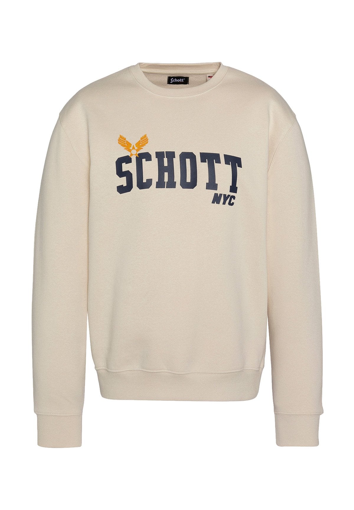 Beiger Sweatshirt mit langen Ärmeln und Rundhalsausschnitt. Mit "SCHOTT"-Logo in Marineblau und Gelb. Aus weichem Baumwollstoff, mit gerippten Bündchen und Saum.