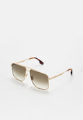 Quadratische Sonnenbrille mit goldfarbenem Metallrahmen, grauen Verlaufslinsen und Bügelspitzen im Schildpatt-Muster auf weißem Hintergrund.