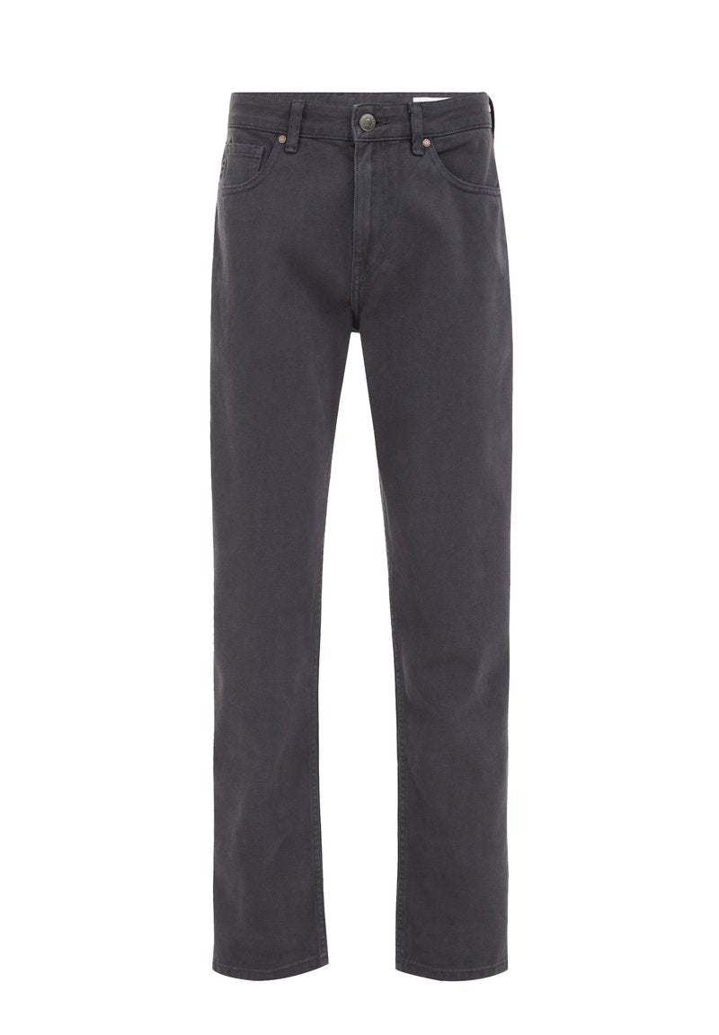 Dunkelgraue Straight-Leg-Jeans mit vorderem Knopf- und Reißverschluss, Front- und Gesäßtaschen, vor weißem Hintergrund gezeigt.