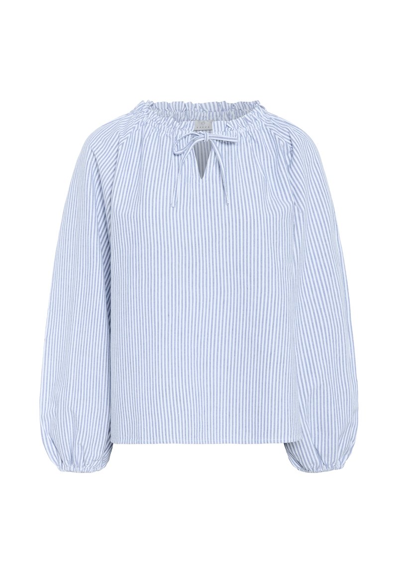 Hellblau-weiß gestreiftes Blusenshirt mit gerafftem Ausschnitt, Bindeband und langen Puffärmeln. Hergestellt aus weichem, leichtem Material.