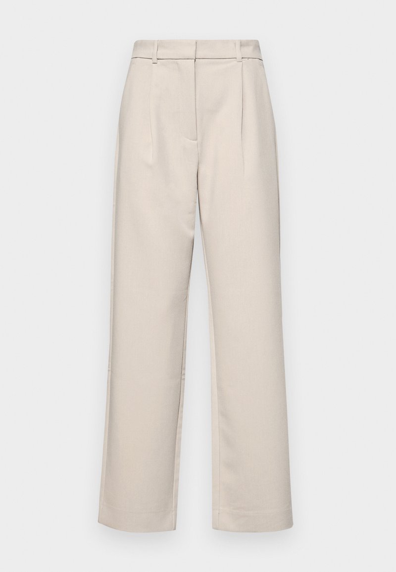Beige maßgeschneiderte Hose mit flachem Bund, zwei Falten und geradem Bein Design. Aus glattem Stoff mit einer dezenten Textur gefertigt.