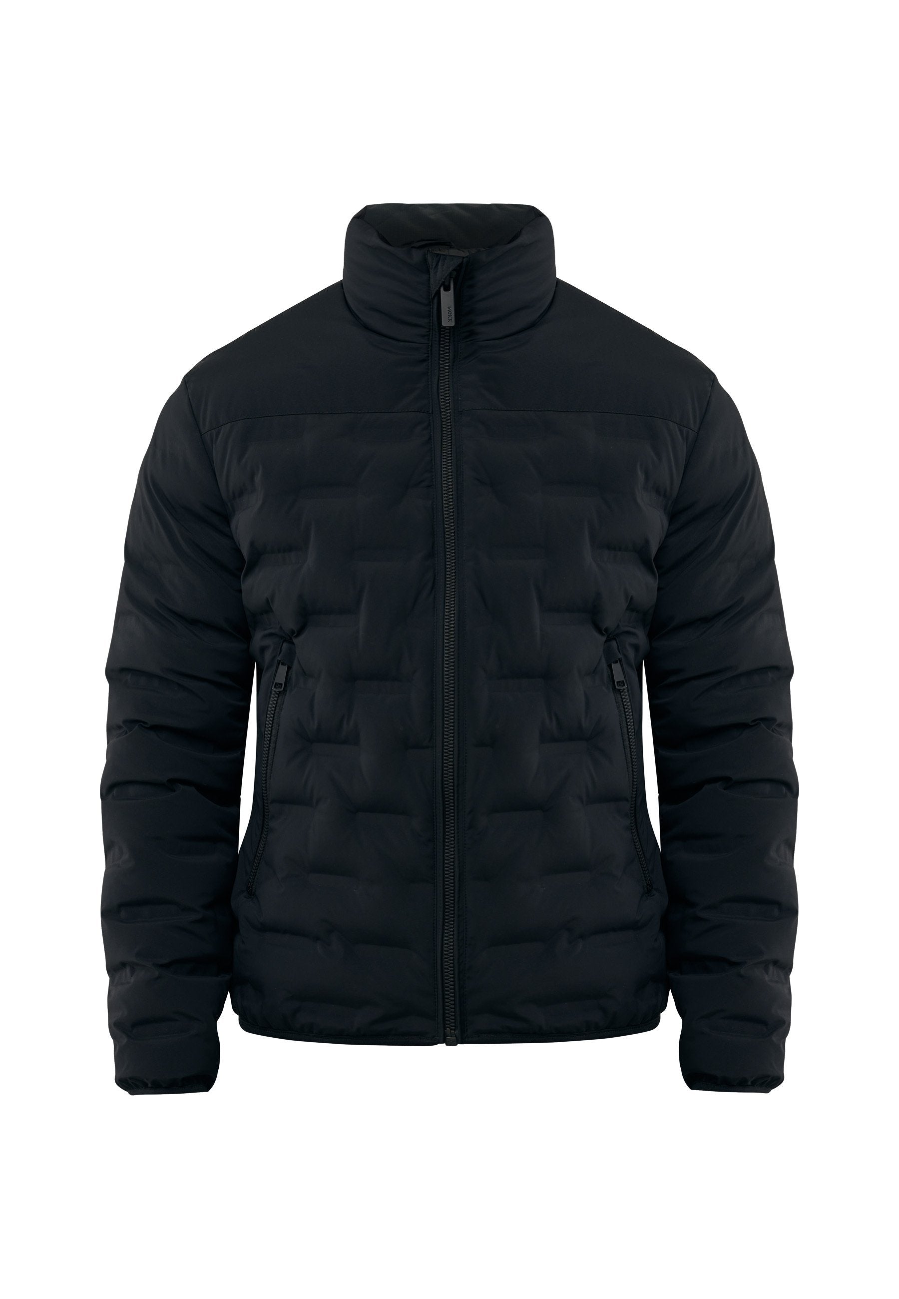 Schwarze, gepolsterte Jacke mit hohem Kragen, Reißverschluss vorne und zwei seitlichen Taschen. Verfügt über eine gesteppten Textur und ein glattes Finish.