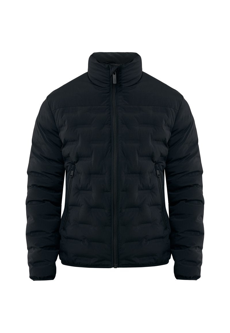 Schwarze, gepolsterte Jacke mit hohem Kragen, Reißverschluss vorne und zwei seitlichen Taschen. Verfügt über eine gesteppten Textur und ein glattes Finish.