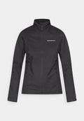 Schwarze Jacke mit Reißverschluss, hohem Kragen, langen Ärmeln, zwei seitlichen Reißverschlusstaschen und „Peak Performance“-Logo auf der Brust.