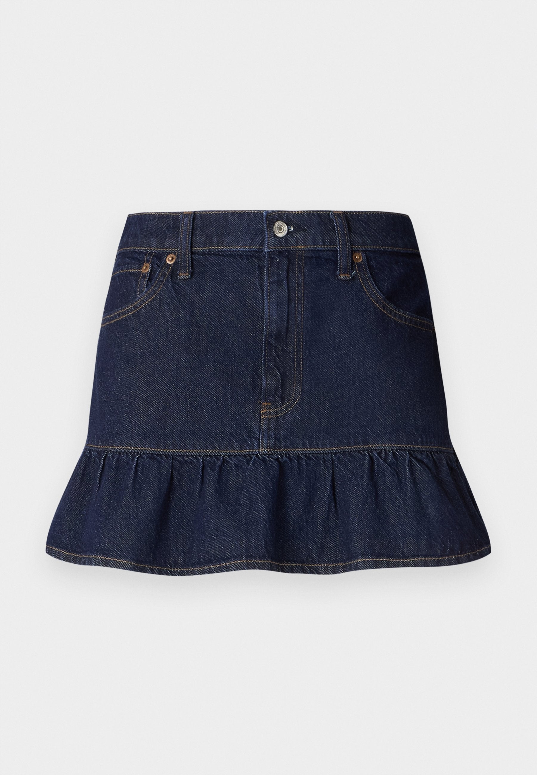 Dunkelblaue Denim-Rock mit Rüschensaum, Fünf-Taschen-Design, Gürtelschlaufen und einer vorderen Knopfleiste. Glatte Textur und gerader Schnitt.