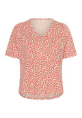 Kurzarmshirt im V-Ausschnitt mit rotem und weißem Blumenmuster, aus leichtem Stoff mit lockerem Sitz und leichtem Stretch.