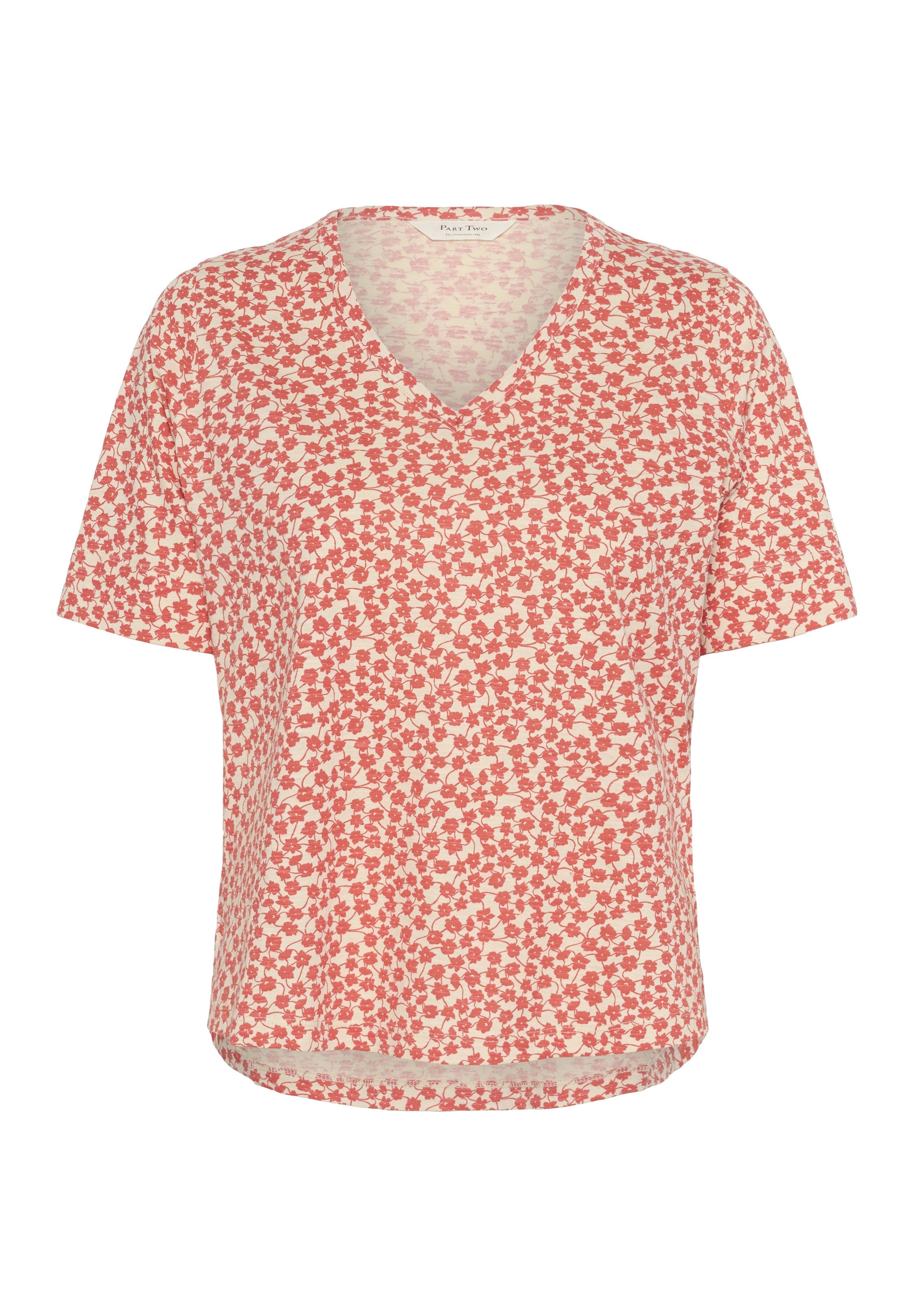 Kurzarmshirt im V-Ausschnitt mit rotem und weißem Blumenmuster, aus leichtem Stoff mit lockerem Sitz und leichtem Stretch.