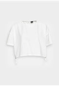 Weißes, kürzer geschnittenes Shirt aus leichtem Stoff, mit kurzen Ärmeln, rundem Halsausschnitt und Kordelzug am Saum.