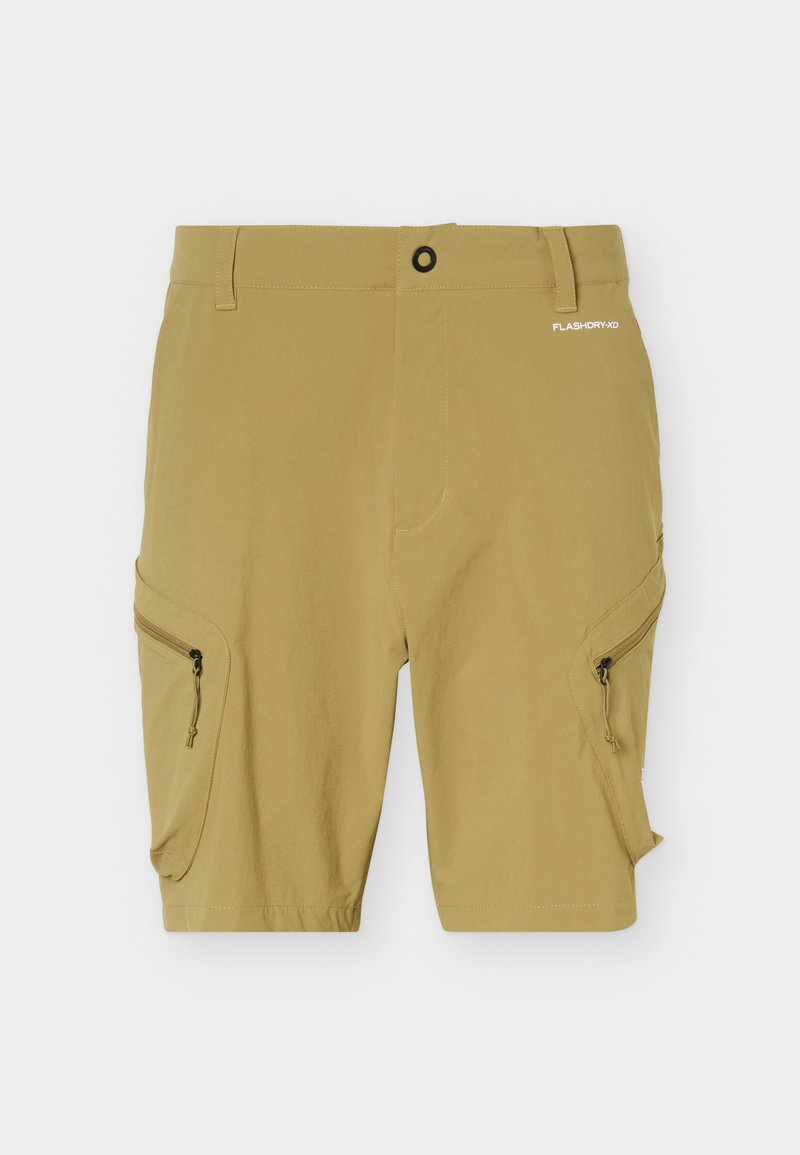 Beige knielange Shorts mit Frontknopf, Gürtelschlaufen, zwei Reißverschluss-Cargotaschen und "FLASHDRY-XD"-Aufdruck nahe dem Bund.