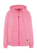 Pinkfarbener Hoodie mit Reißverschluss vorne, verstellbarer Kordelzugkapuze und aufgesetzten Taschen vorne. Mit einem kleinen Logo-Patch an der unteren Seite.