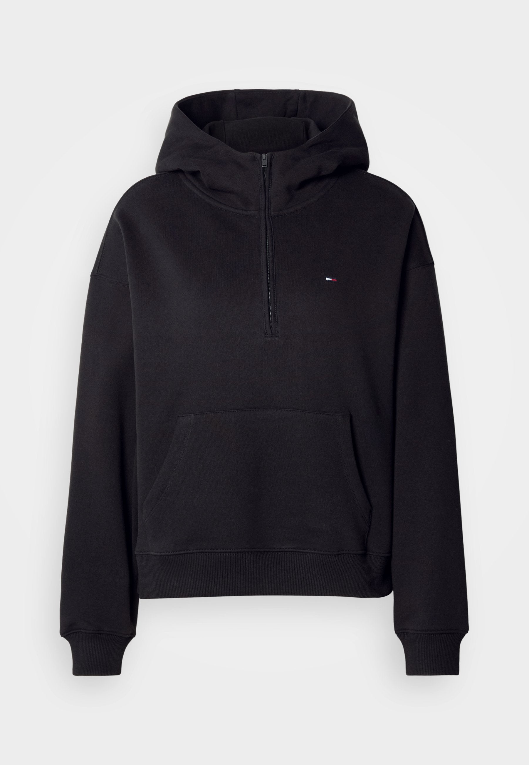 Schwarze Zip-Up Kapuzenjacke aus weichem Baumwollmix. Mit einer Fronttasche, gerippten Bündchen und einem Logo-Emblem auf der Brust.