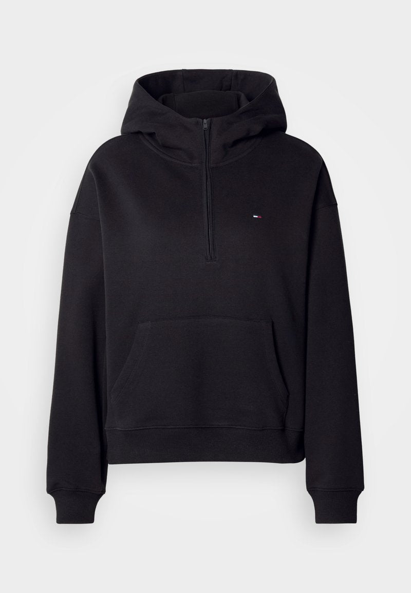 Schwarze Zip-Up Kapuzenjacke aus weichem Baumwollmix. Mit einer Fronttasche, gerippten Bündchen und einem Logo-Emblem auf der Brust.