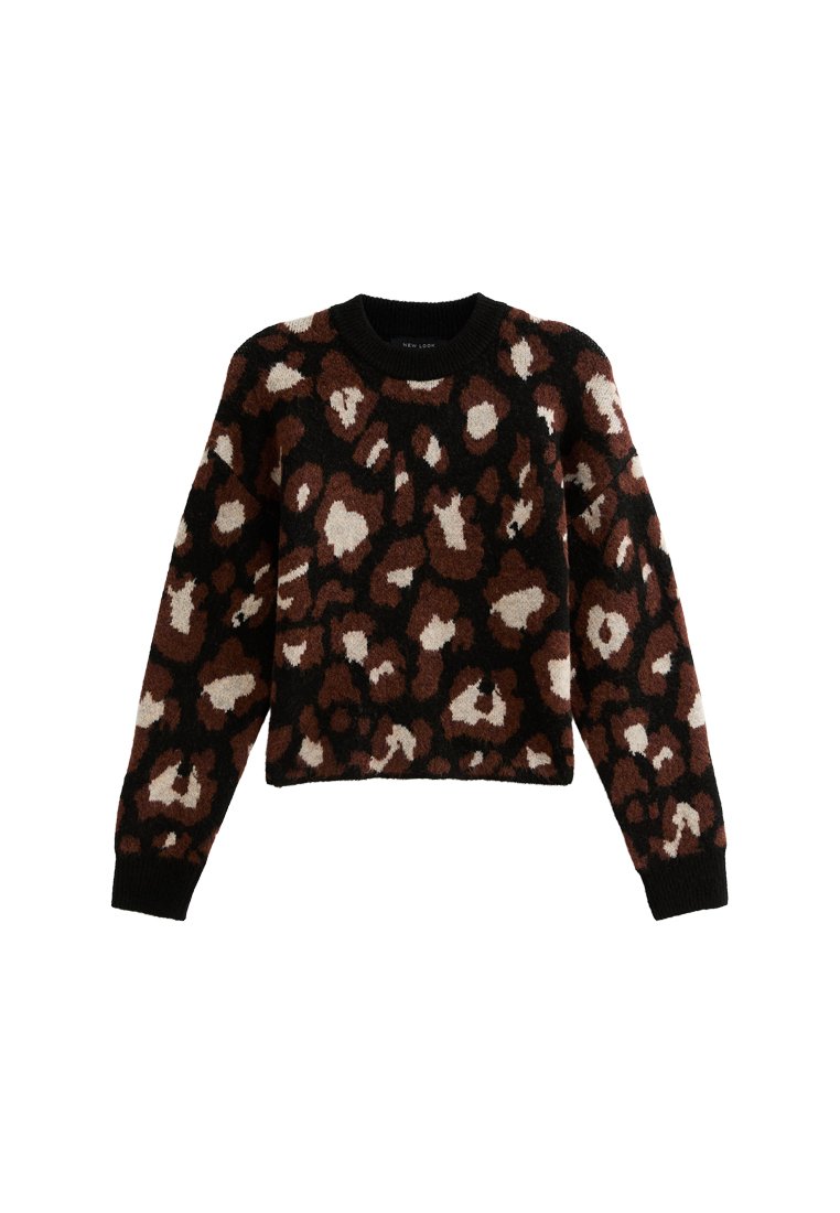 Brauner und schwarzer Leopardenprint-Pullover mit einem schwarzen gerippten Halsausschnitt und Bündchen, aus weichem strukturiertem Material gefertigt. Cropped-Design.