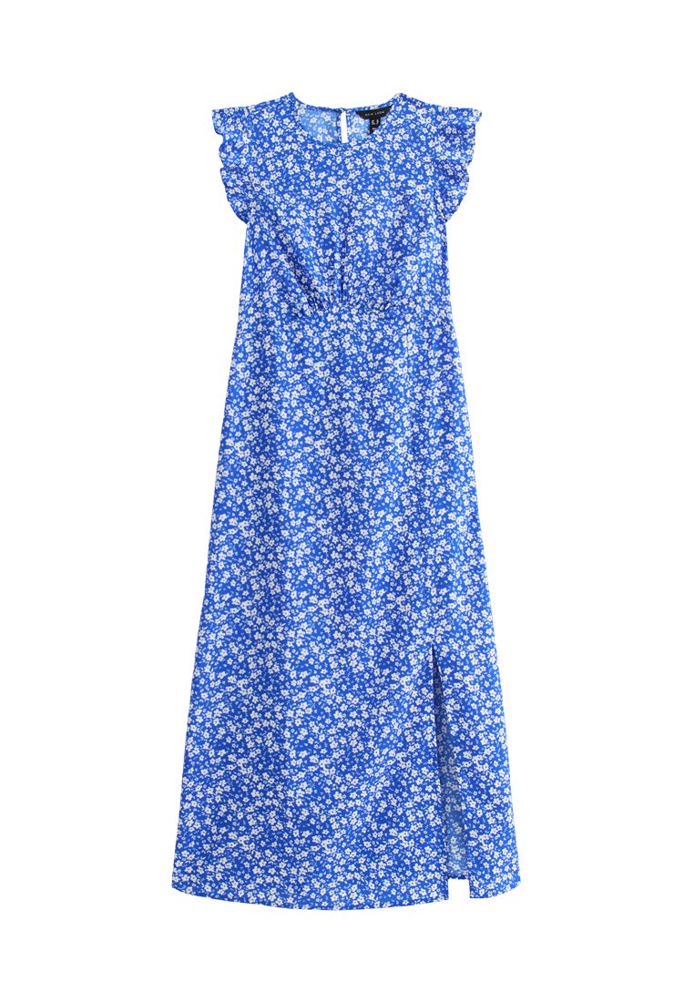 Blaues Maxikleid mit Rundhalsausschnitt, Rüschensäumen und einem seitlichen Schlitz. Mit kleinen weißen Blumen auf einem strukturierten Stoff bedruckt.