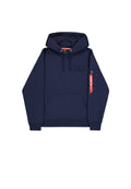 Marineblauer Hoodie aus Baumwollmischgewebe, mit einer Fronttasche, Kordelzug am Kapuzenabschluss, dekorativem Seitenreißverschluss und einem Logopatch auf der Brust.