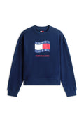 Marineblauer Sweatshirt mit Tommy Jeans-Logo in Weiß, Rot und Blau sowie rotem Text darunter mit der Aufschrift "Proud to be Jeans!"