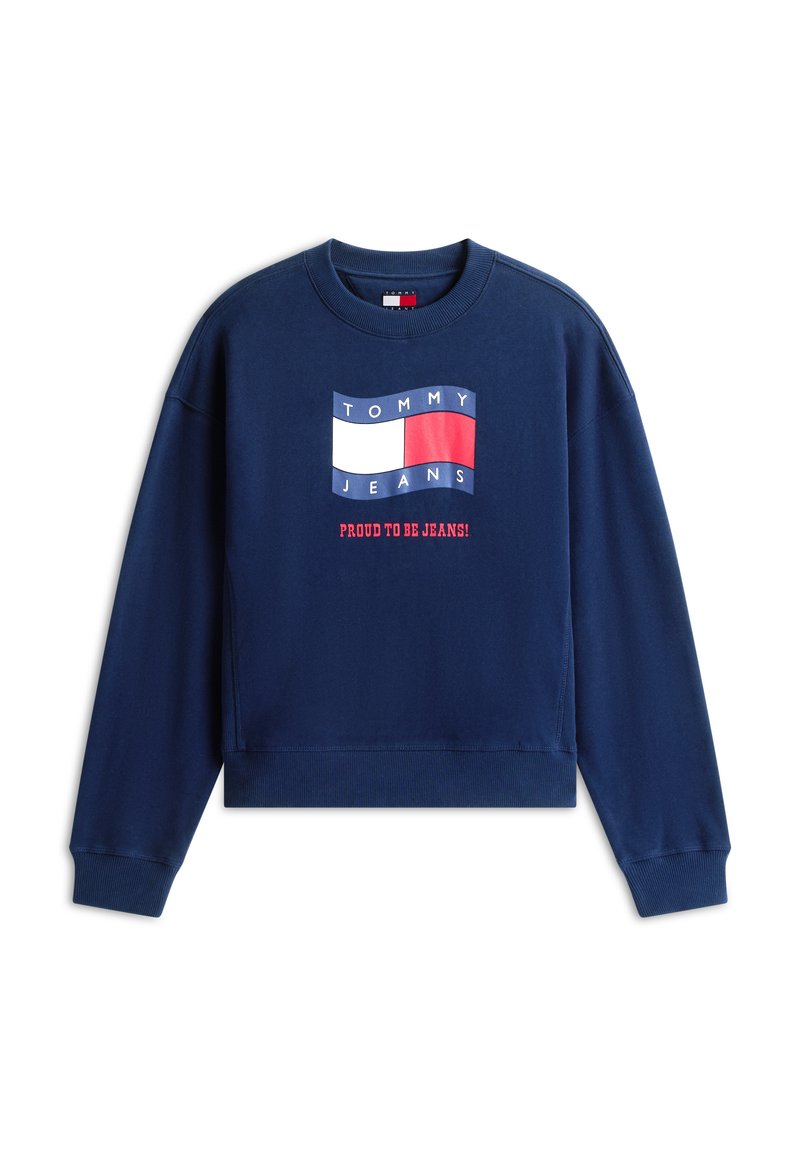 Marineblauer Sweatshirt mit Tommy Jeans-Logo in Weiß, Rot und Blau sowie rotem Text darunter mit der Aufschrift "Proud to be Jeans!"