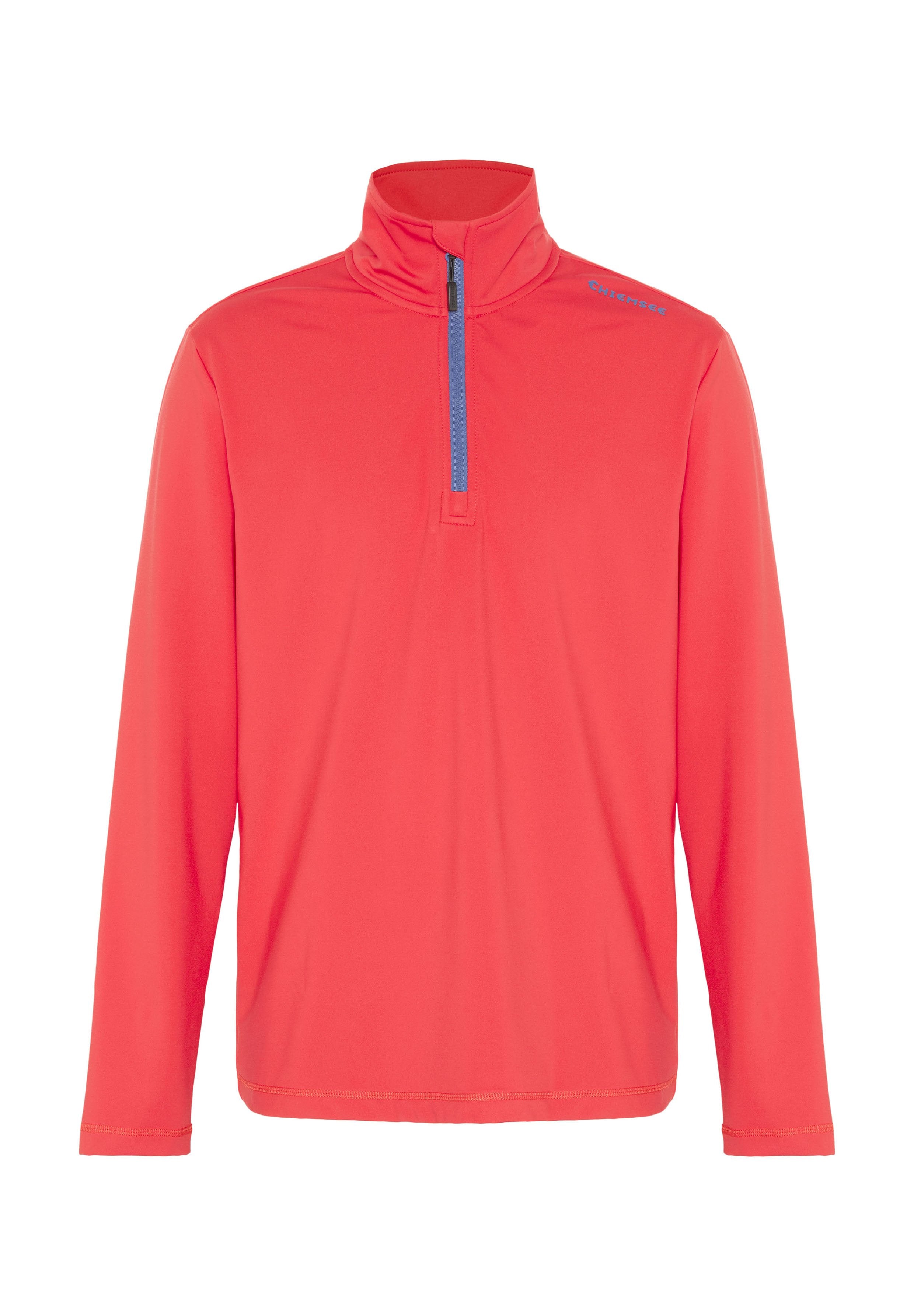 Rotes Langarmshirt mit hohem Kragen, ausgestattet mit einem halb frontalen Reißverschluss und einem kontrastierenden blauen Akzent entlang des Reißverschlusses. Hergestellt aus leichtem Material.